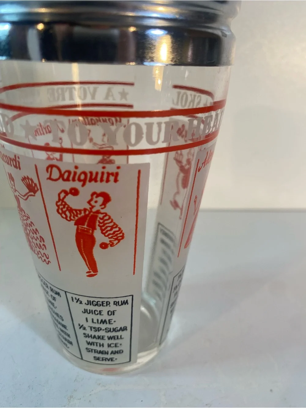 Vintage Mid-Century 'Salute to Your Health' Recipe Frosted Glass Cocktail Shaker